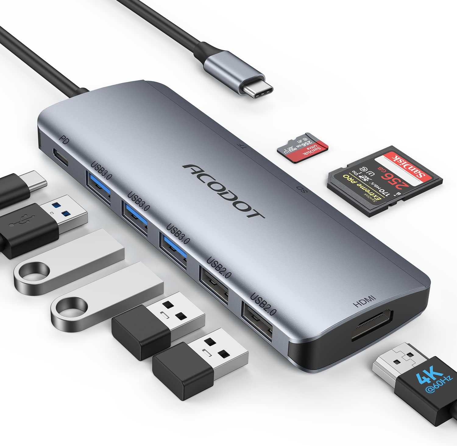 Acodot USB C Hub, Acodot 9 in 1 USB C to 4K@60HZ HDMI Multiport Adapter, 3 USB 3.0 Ports, SD/TF Card Reader, 100W PD, Desigend for MacBook Pro Air HP XPS and Other Type C Devices