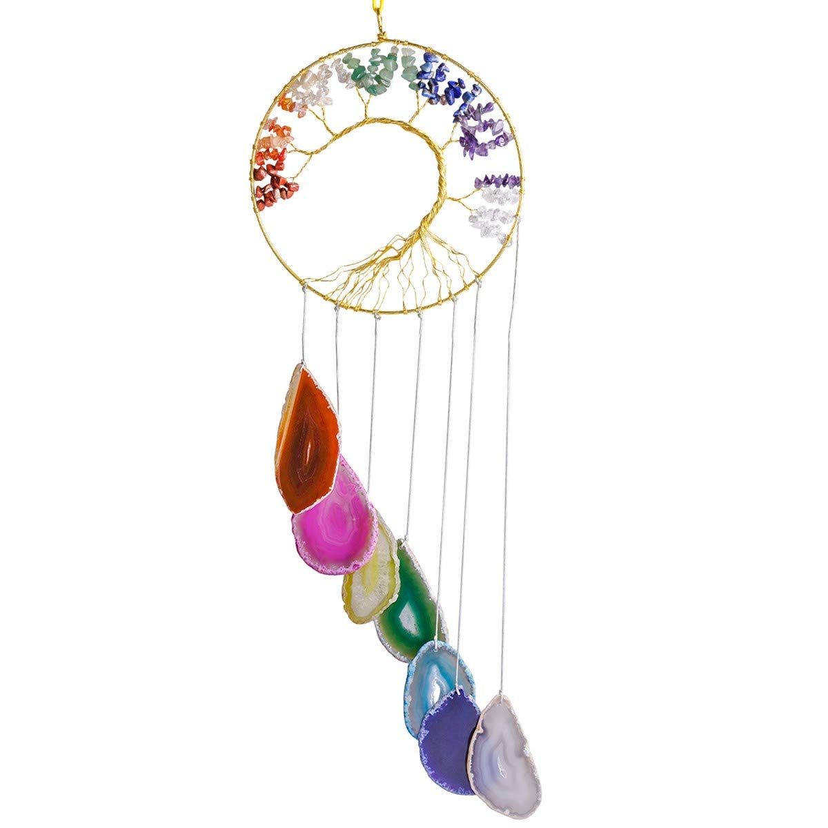 mookaitedecor Chakra Cailloux Pierre Arbre de Vie Decoration Suspension Fait Main avec Décoratifs Tranches Agate Cristal à Suspendre