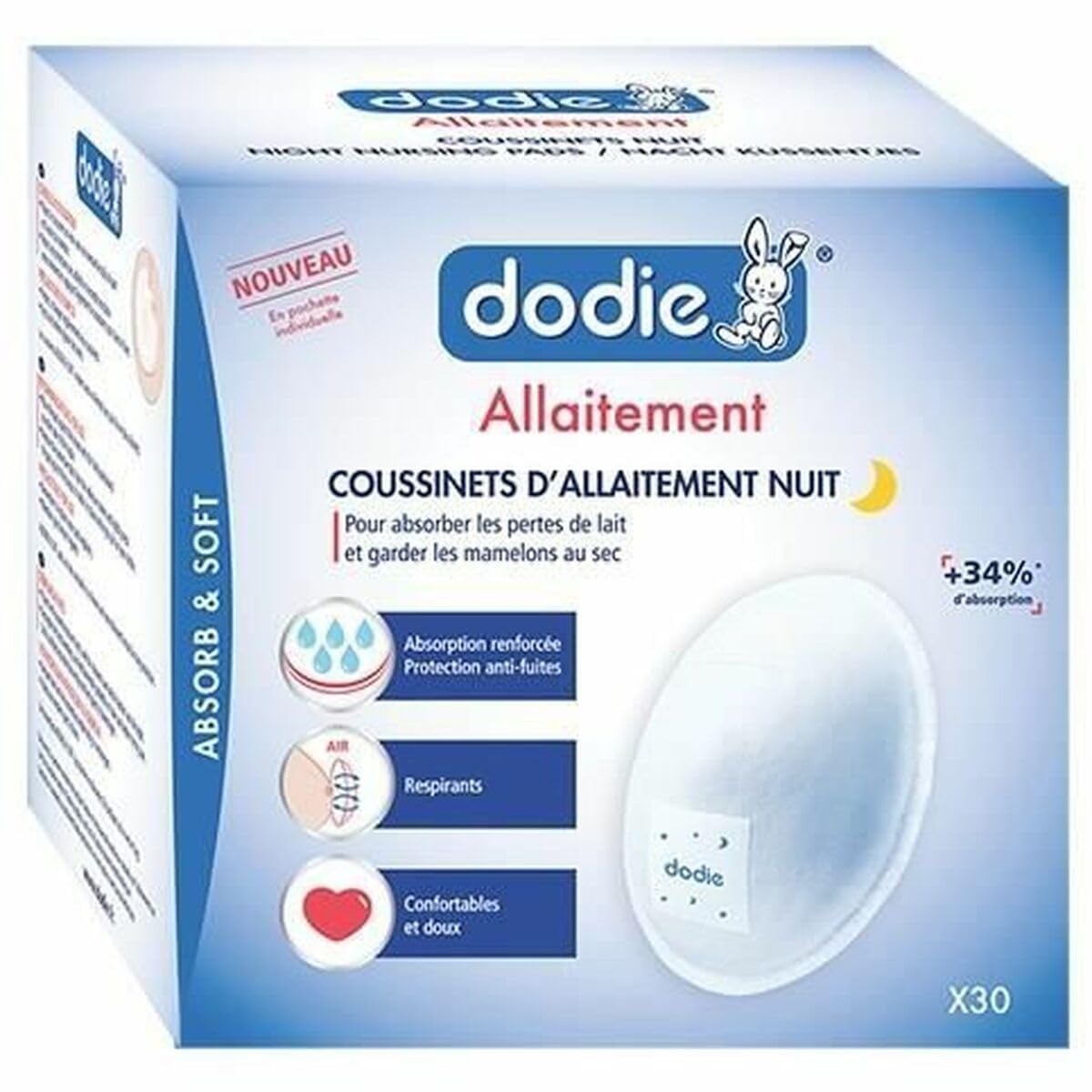 Dodie Coussinets d'allaitement Nuit Pochette Individuelle Blanc 30 Pièces