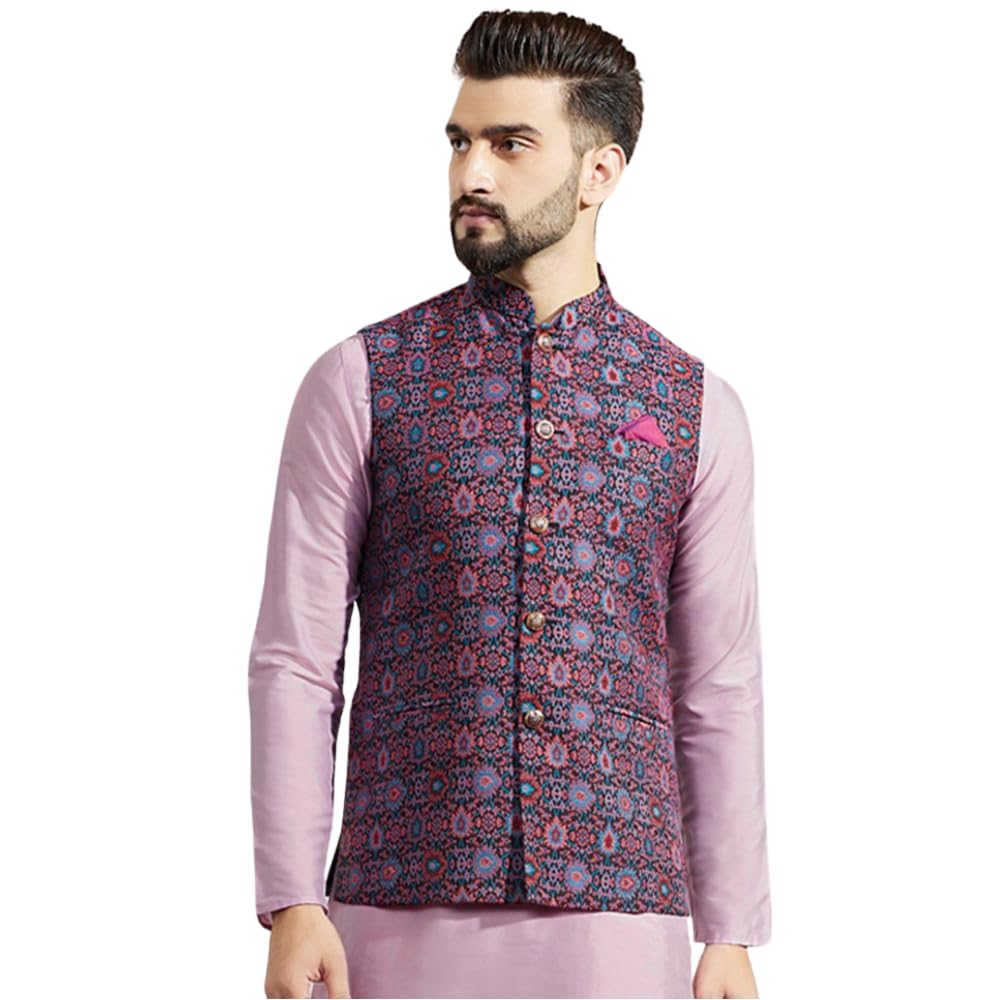 kisah Men's Nehru Jacket, Multi Silk Blend, Woven Design Mandarin Collar Sleeveless Regular Fit-picture-35