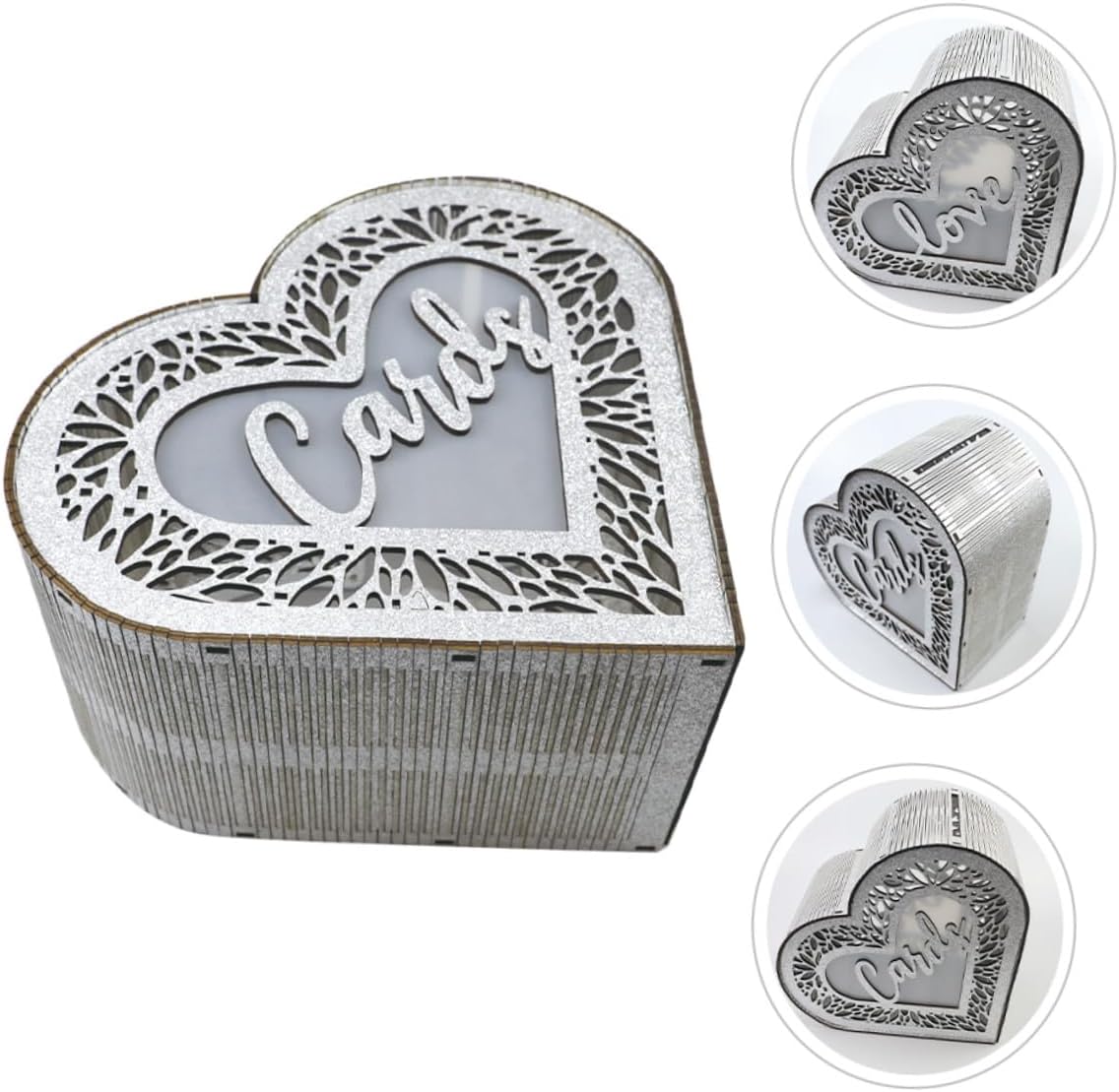 Wooden Heart Shaped Wedding Reception Card Box with Glitter Hollow Design Portable Greeting Cards Storage for Birthday and Valentine’s Day Events