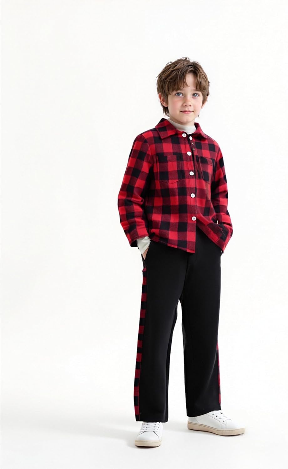 Boys Clothes 3Pcs Long Sleeve Flannel Plaid Shirt Tops Pants Sets Fall Winter Boys' Clothing Sets, Red, 11-12 Years - Image 4
