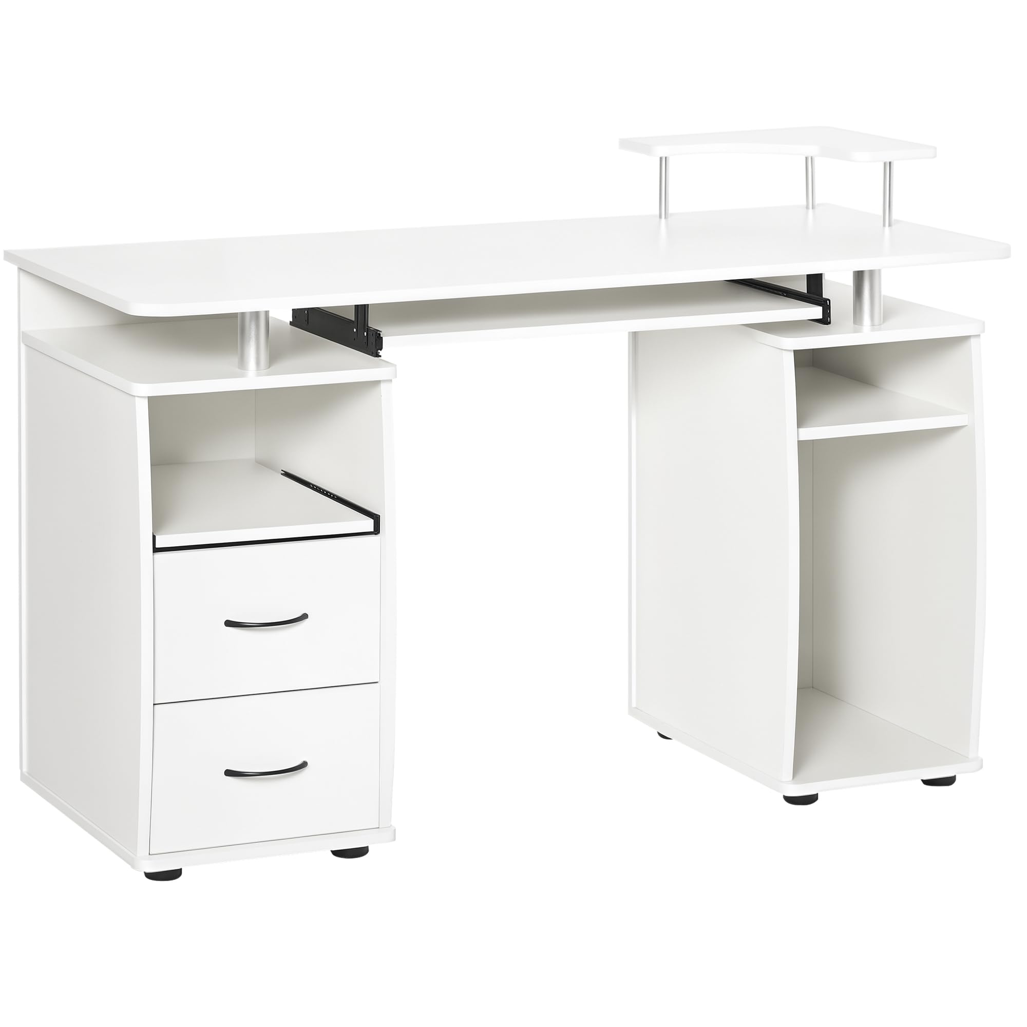 HOMCOM Escritorio con Estanterías Mesa de Ordenador con 2 Cajones Bandeja de Teclado Extraíble y Soporte para Monitor CPU para Oficina Estudio 120x55x85 cm Blanco