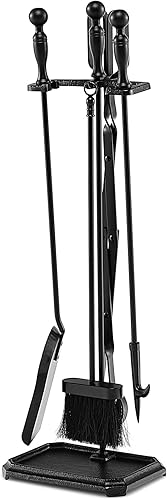 GOFLAME Juego de herramientas para chimenea de 5 piezas, juego de herramientas de madera resistente con pinzas, cepillo, pala, póker, soporte, kit