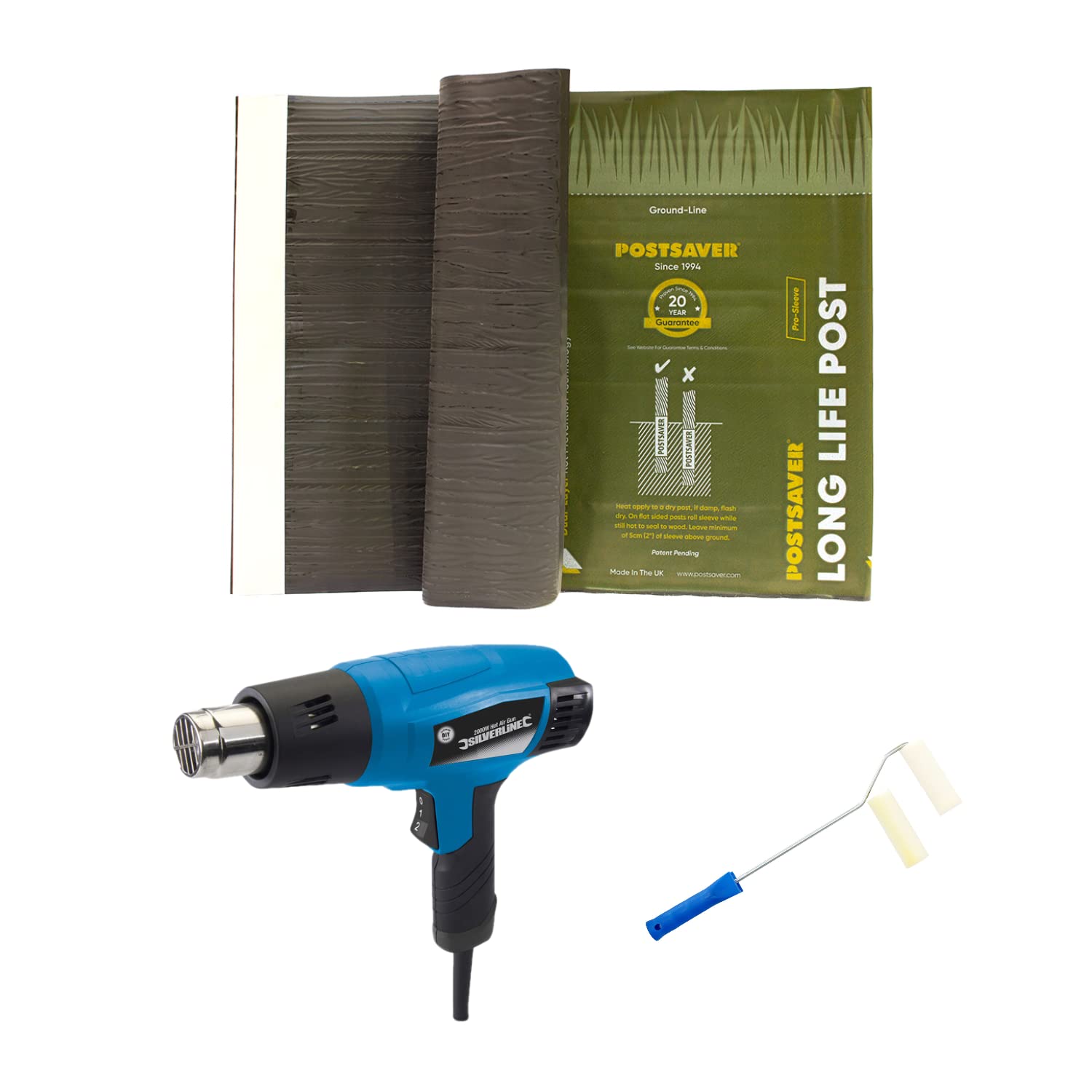 Postsaver Pro-Wrap Standard | Wood Protector | Dual-Layer Rot Protector | 20-Year Guarantee | Fits 3x3” to 4x4" Square and 3” to 5" Round Posts | Pack of 10 | Application Tools 1 Heat Gun 1 Roller