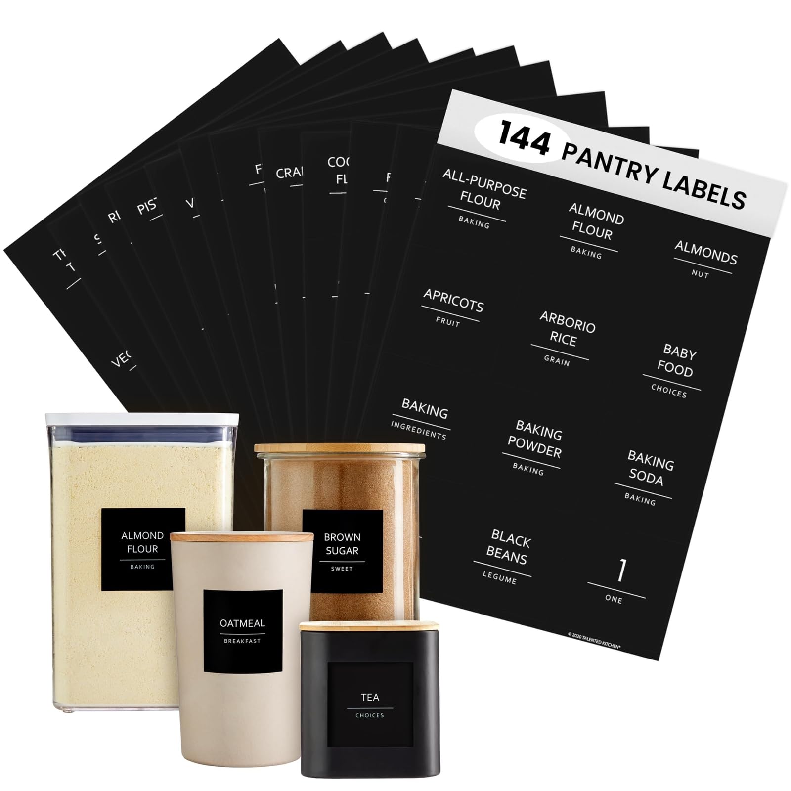 Talented Kitchen 144 Minimalist Pantry Labels – Preprinted White All-Caps on Matte Black Vinyl Stickers, Water-Resistant Adhesive Labels for Kitchen,