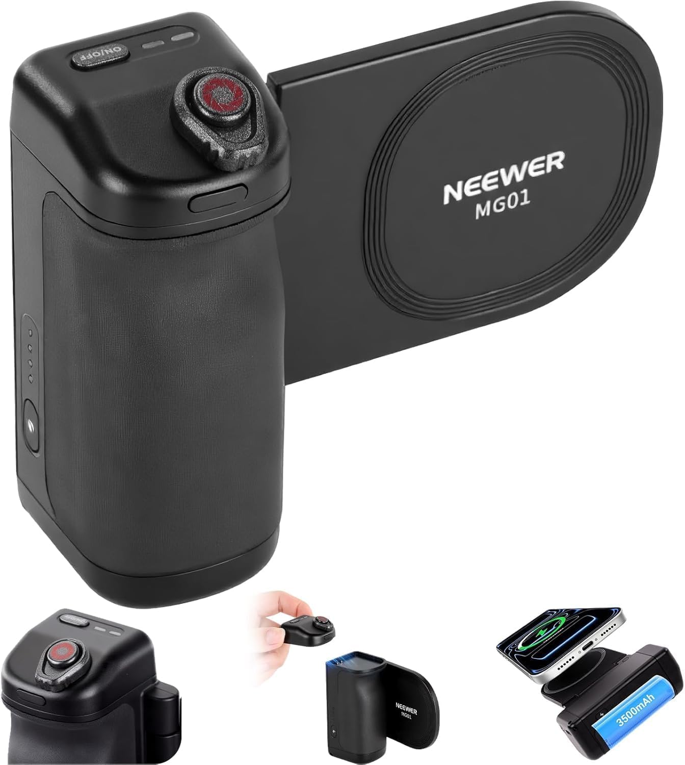 NEEWER Poignée magnétique pour téléphone Compatible avec MagSafe Phone et Samsung Recharge sans Fil, Support Ergonomique avec Batterie 3500 mAh et télécommande détachable, MG01