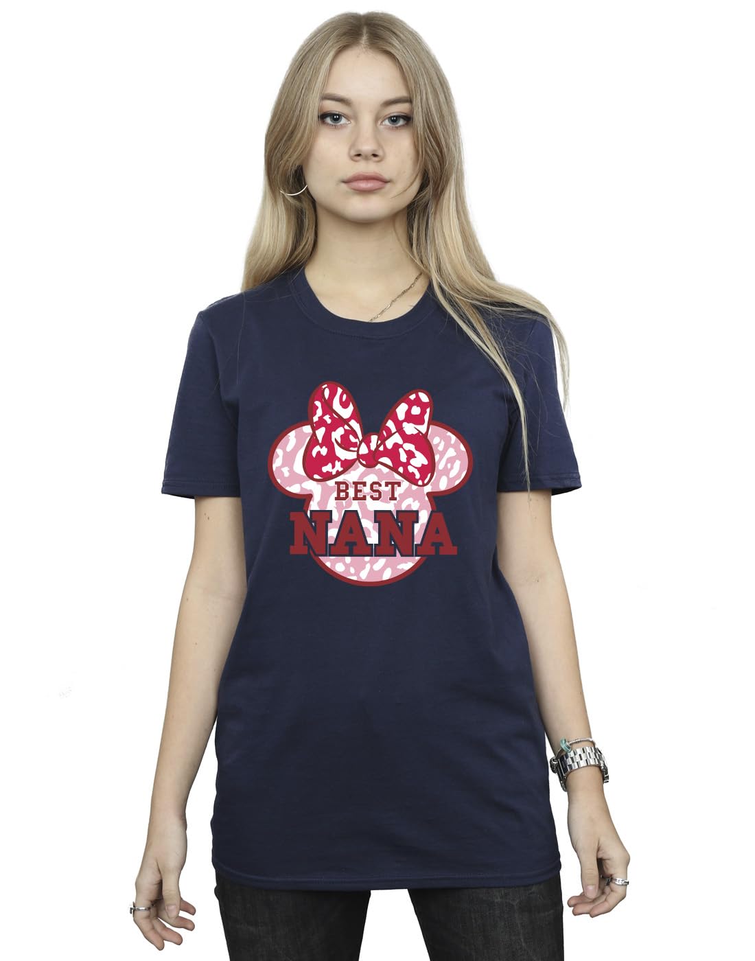 Absolute Cult Disney Women's Minnie Mouse Best Nana Boyfriend Fit T-Shirt Navy Blue Medium