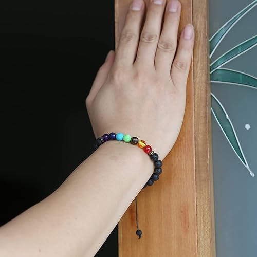 Miniatura 4 de HEDQFM 2 pulseras de chakras, piedra de lava y piedra de roca, aromaterapia, difusor de aceite esencial, pulsera ajustable tejida y pulsera de