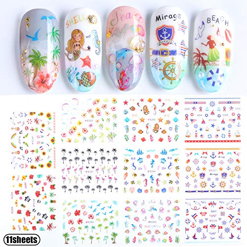 Nail Art Stickers Accessories for Girls Beach Mermaid Decorative Nail Decals for Women Summer Series Sea Animal Seagull Flag 3D Nail Sticker Wraps for Kids Fingernails & Toenails Decoration Manicure