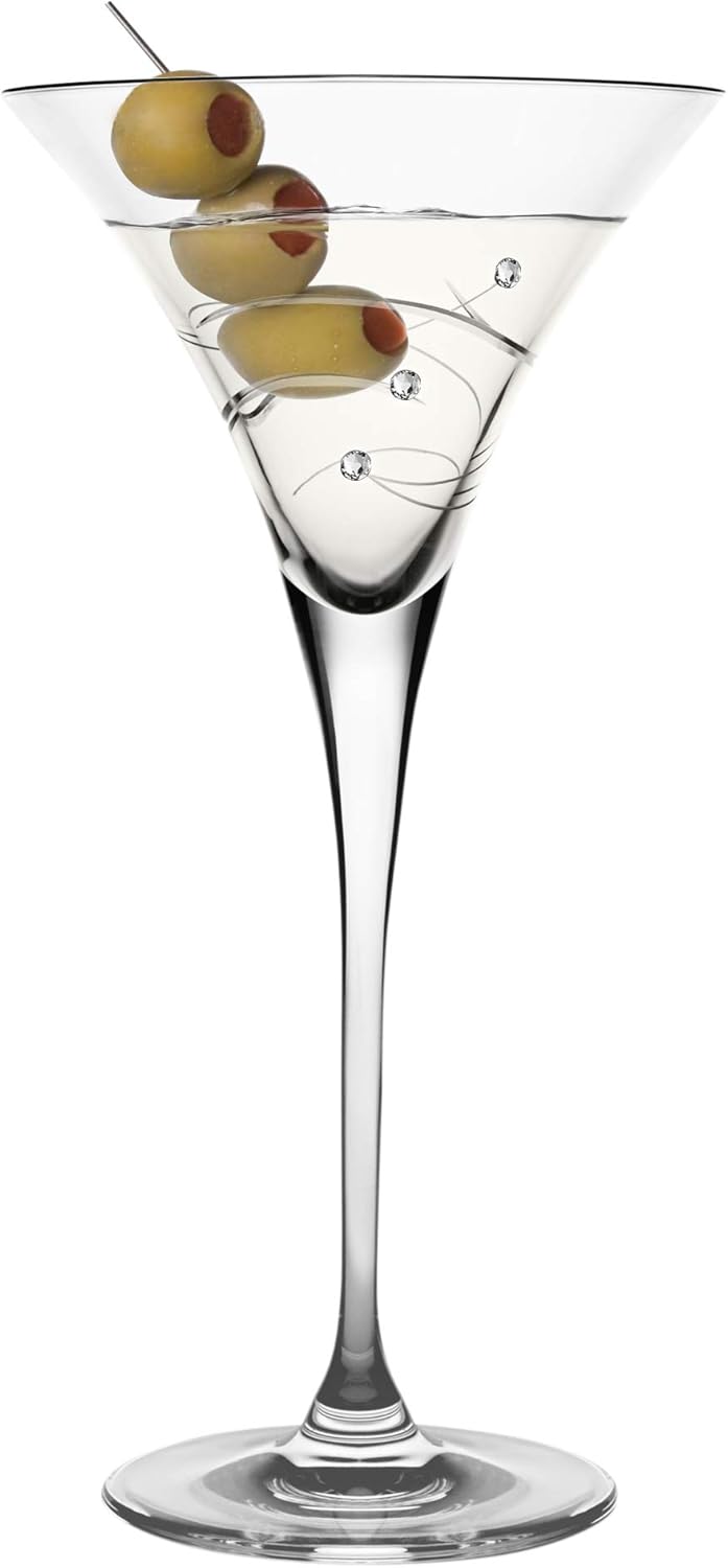 Barski Martini - Glasses - Handmade - Glass - Set of 4 - Tall Stem - Decorated with Real Crystal Diamonds - 9 Oz. - Made in Europe