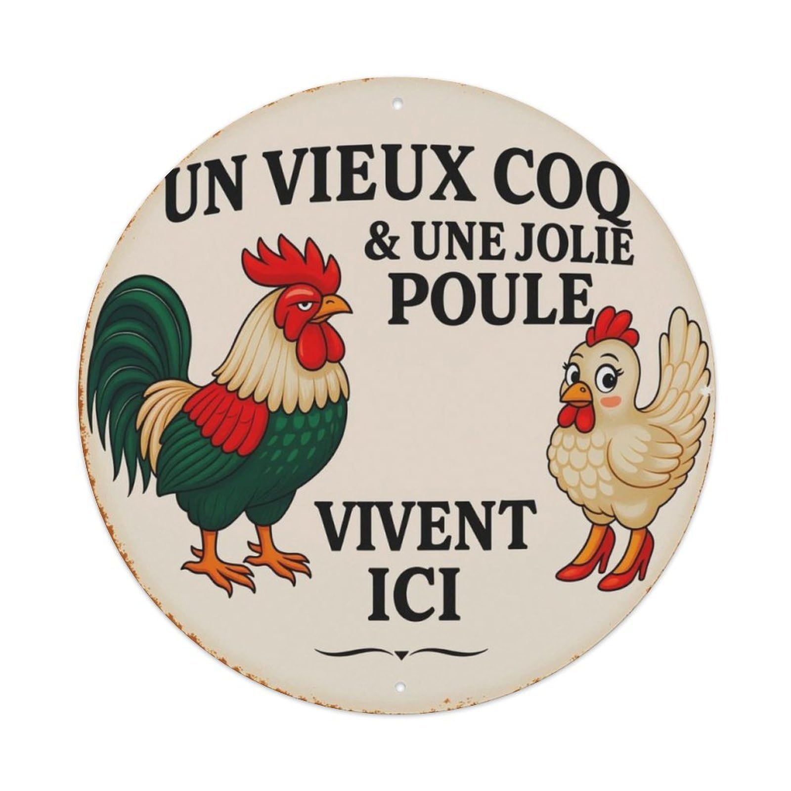 French Funny Rooster Hen Home Round Decor Sign Vintage Aluminium Metal Sign, Retro Wall Decor for Home, Bar, Garage & Farmhouse 20x20cm