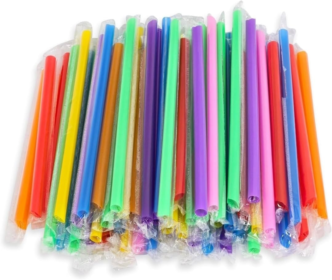 Darong 500 PCS Jumbo Drinking Straws, Individually Wrapped Disposable Plastic Straws, 0.43" Wide x 9" Long, Multi-Colored Smoothie Milkshake Party Straws in Bulk