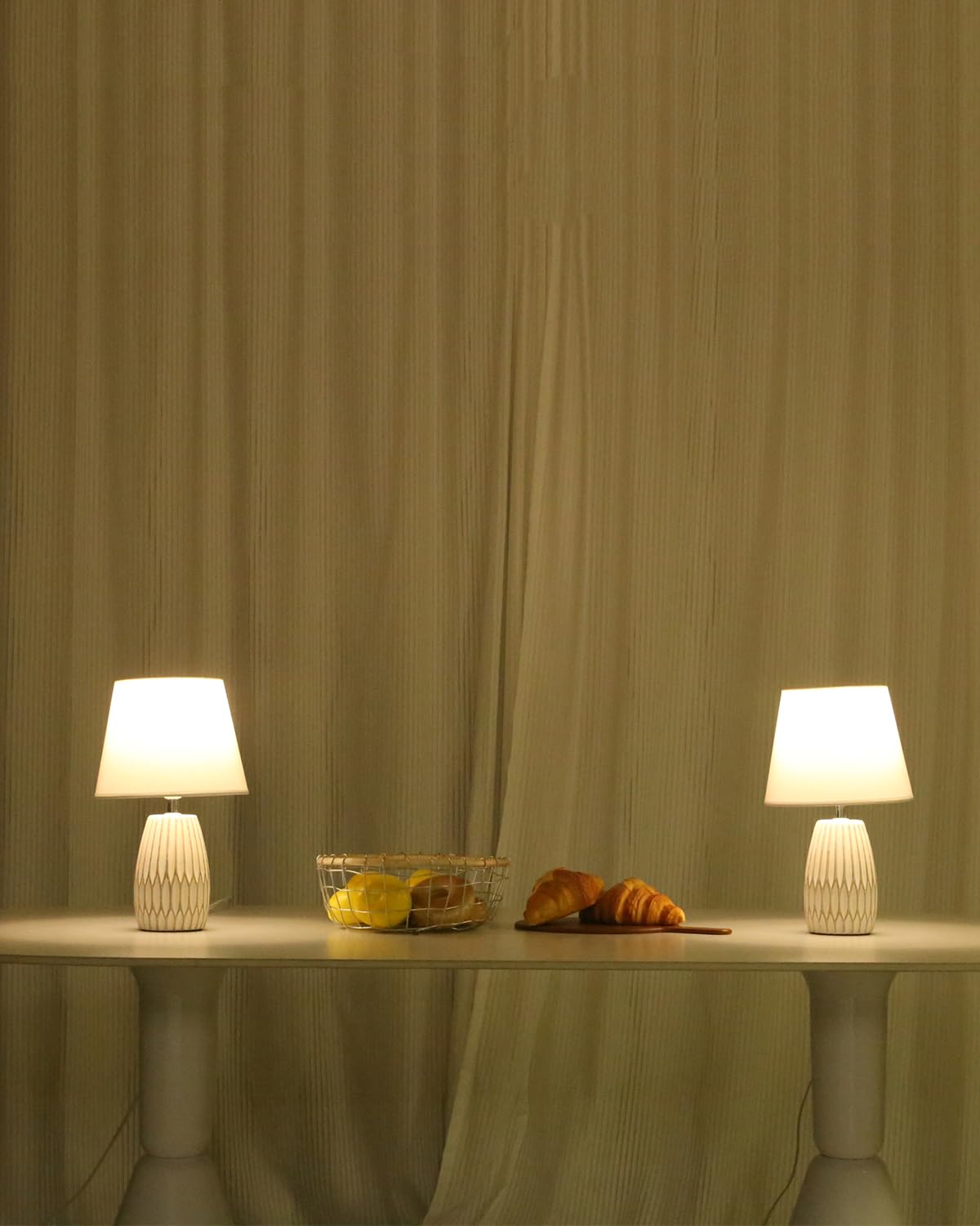 HEQET Small Table Lamp Set Of 2 - 13.3 Inch White Ceramic Lamps, Fabric Shade, Boho Style
