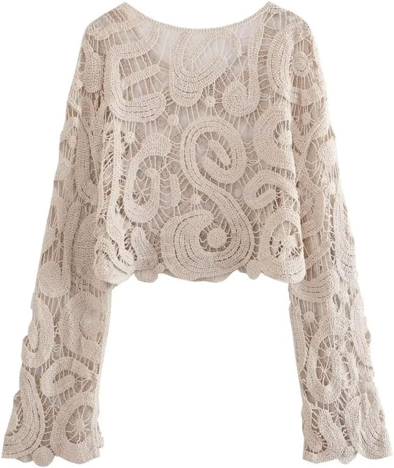Crew Neck Pullover Loose Fit Women's Solid Color Crochet Knit Tops