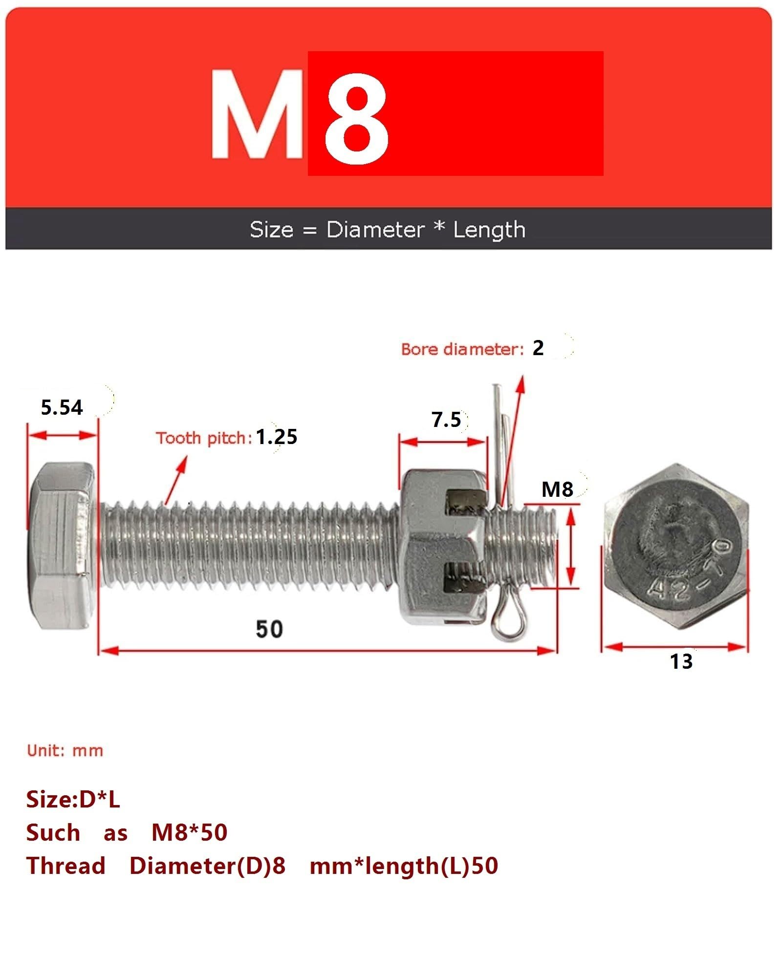Zestaw śrub z łbem sześciokątnym ze stali nierdzewnej 304 z otworami i nakrętkami rowkowymi, 2 szt. do bezpiecznego mocowania(M6*50mm 2set)