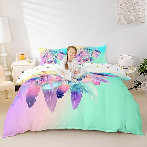 Erosebridal Juego de ropa de cama de plumas atrapasueños, tamaño individual, para niños, niñas, adolescentes, funda de edredón bohemia con mandala