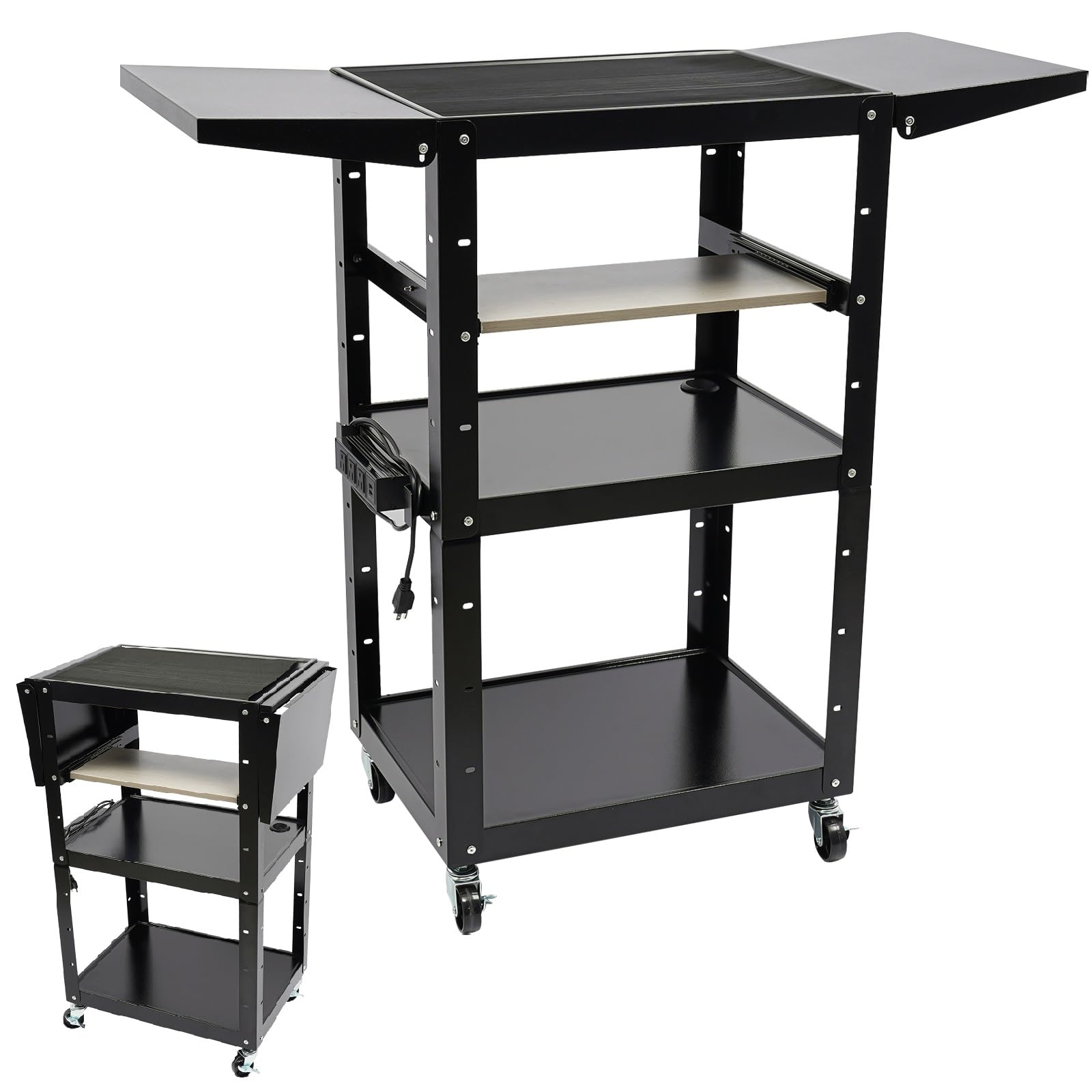 Height Adjustable Metal AV Cart with Wheels, Heavy Duty Rolling Work Station, Rolling AV Cart with Drop Leaves and Adjustable Shelves for TV, Max 300LBs Load
