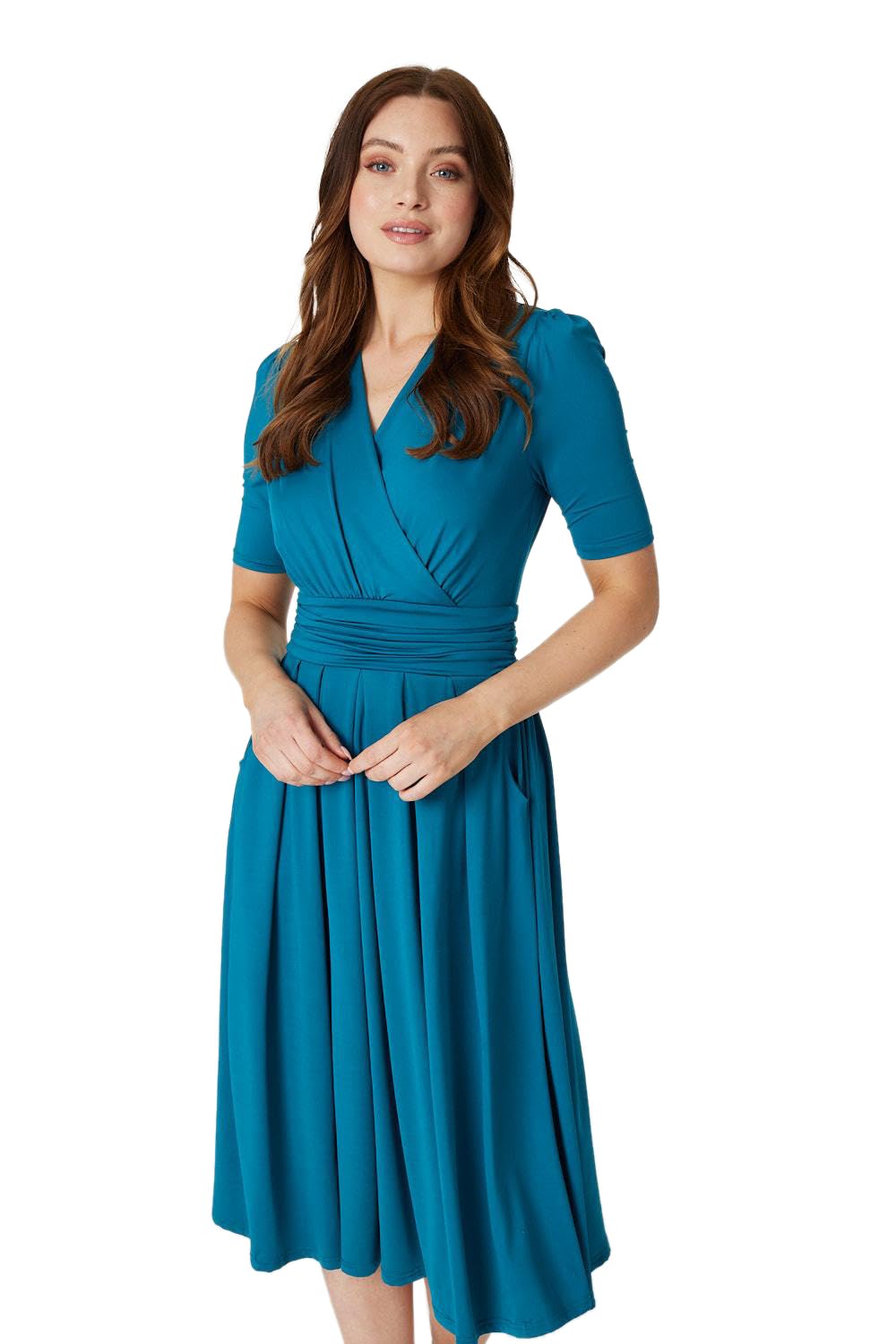 Izabel London Women's Turquoise Ruched Waist Jersey Wrap Dress In | Size: 12