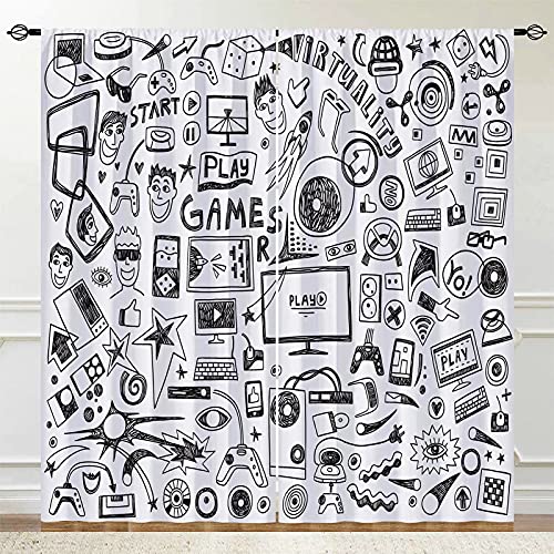 Anhope Boys Video Game Curtains Sketch Art Theme Window Drapes With Computer Gamepad Sports Rocket Teen 90'S Print Pattern Rod Pocket Curtains For Kids Bedroom Living Room, 2 Panels, 42 X 63 Inch #TOP2