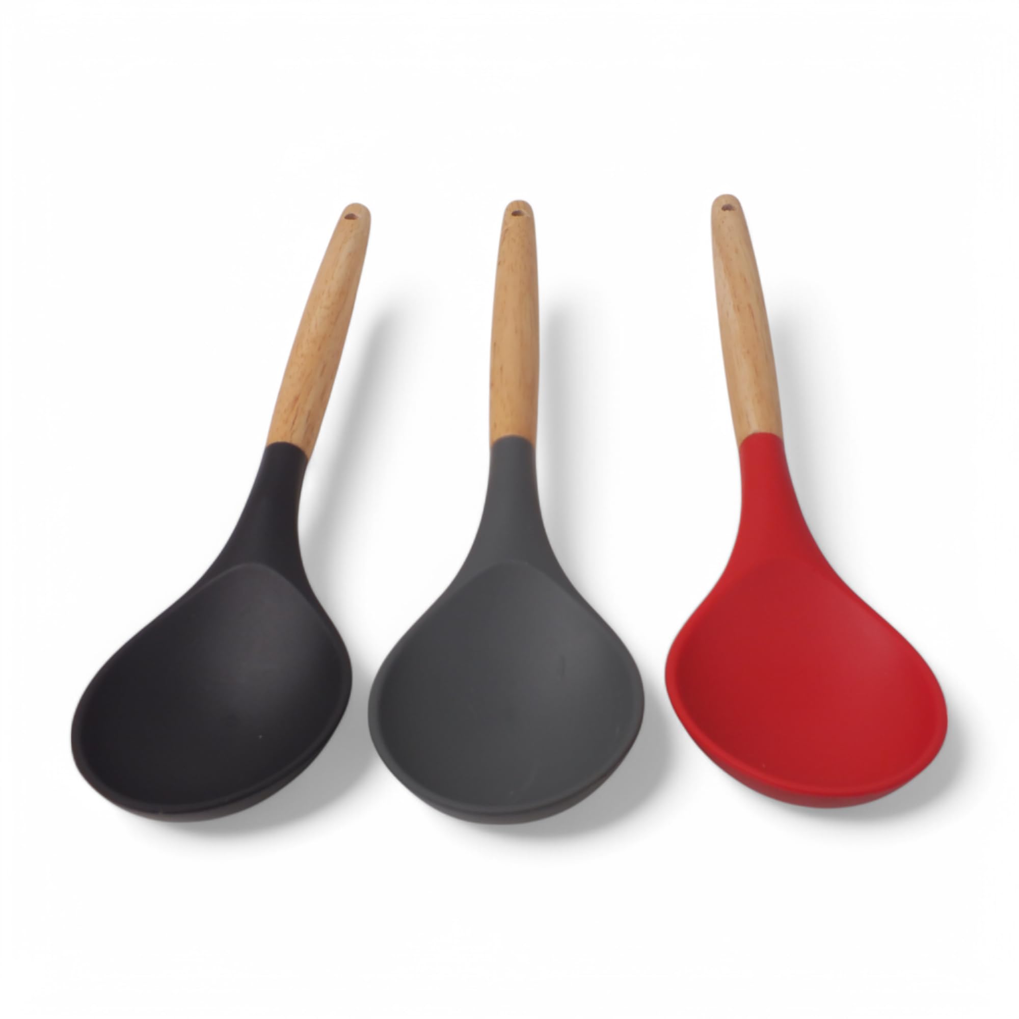 Deconox Bambu Saplı Silikon Servis Kaşığı, Bambu Uzun Silikon Servi Kaşığı 28cm 3 Renk Seçenekli, Yemeklerinizi Servis Etmek İçin Silikon Servis Kaşığı (KIRMIZI)
