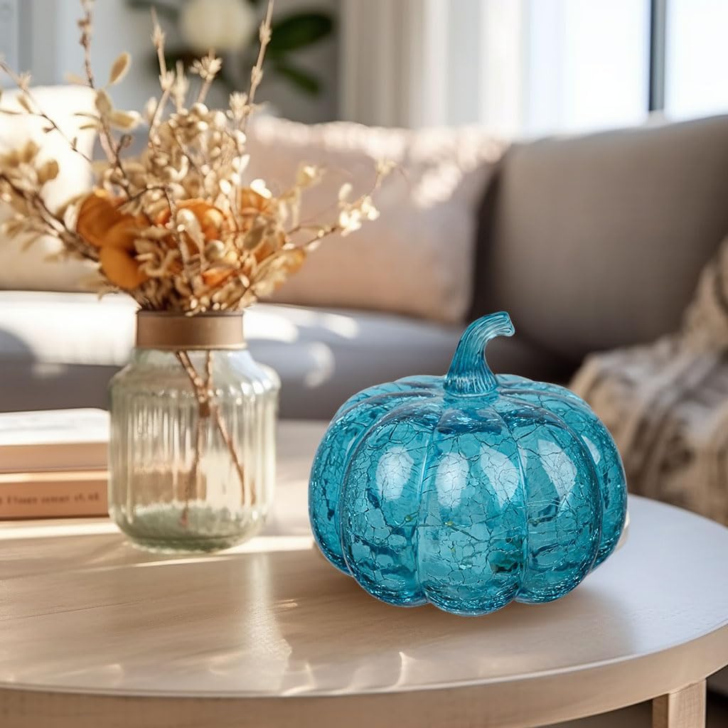 Aqua Blue Crackle Glass Pumpkin Twinkling Light with Timer- Fall Decoration for Home-Lamps for Festive Decoration-Halloween Decorations