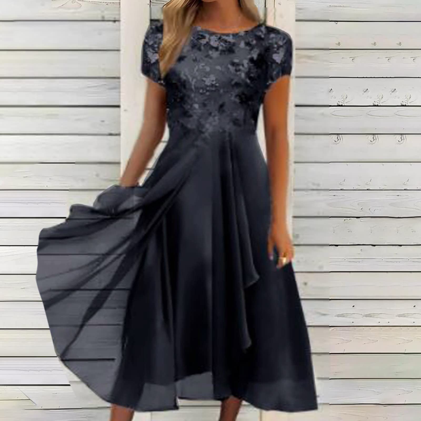 Abendkleid Damen Lang Sommerkleid mit Rüschensaum Cocktailkleid Elegant Chiffon Spitze Wickelkleid Festliches Ballkleid A-Linie Kleid Hochzeitsgast Brautjungfernkleider Partykleider