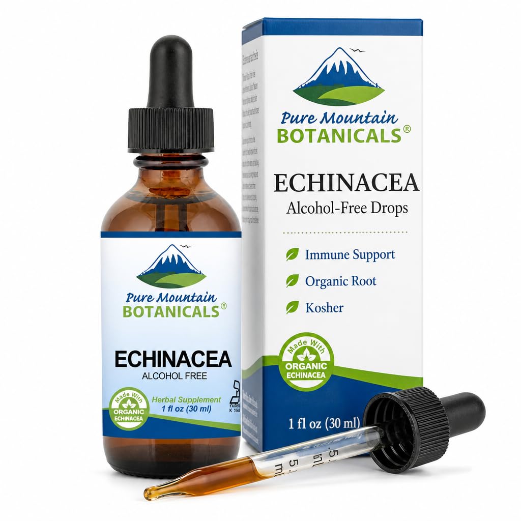 Pure Mountain Botanicals Echinacea Drops - Liquid Extract - Alcohol Free - Organic Echinacea Angustifolia Root - 500mg - Immune Support Herbal Supplement - Kosher - 1 oz