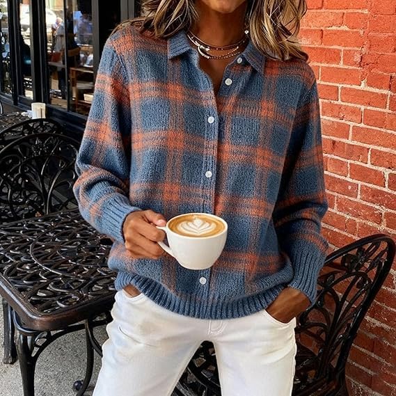 Women's Plaid Print Casual Cotton Buttoned Cardigan Sweater, Plaid Cropped Sweater with Knit Cardigan Style - Image 3