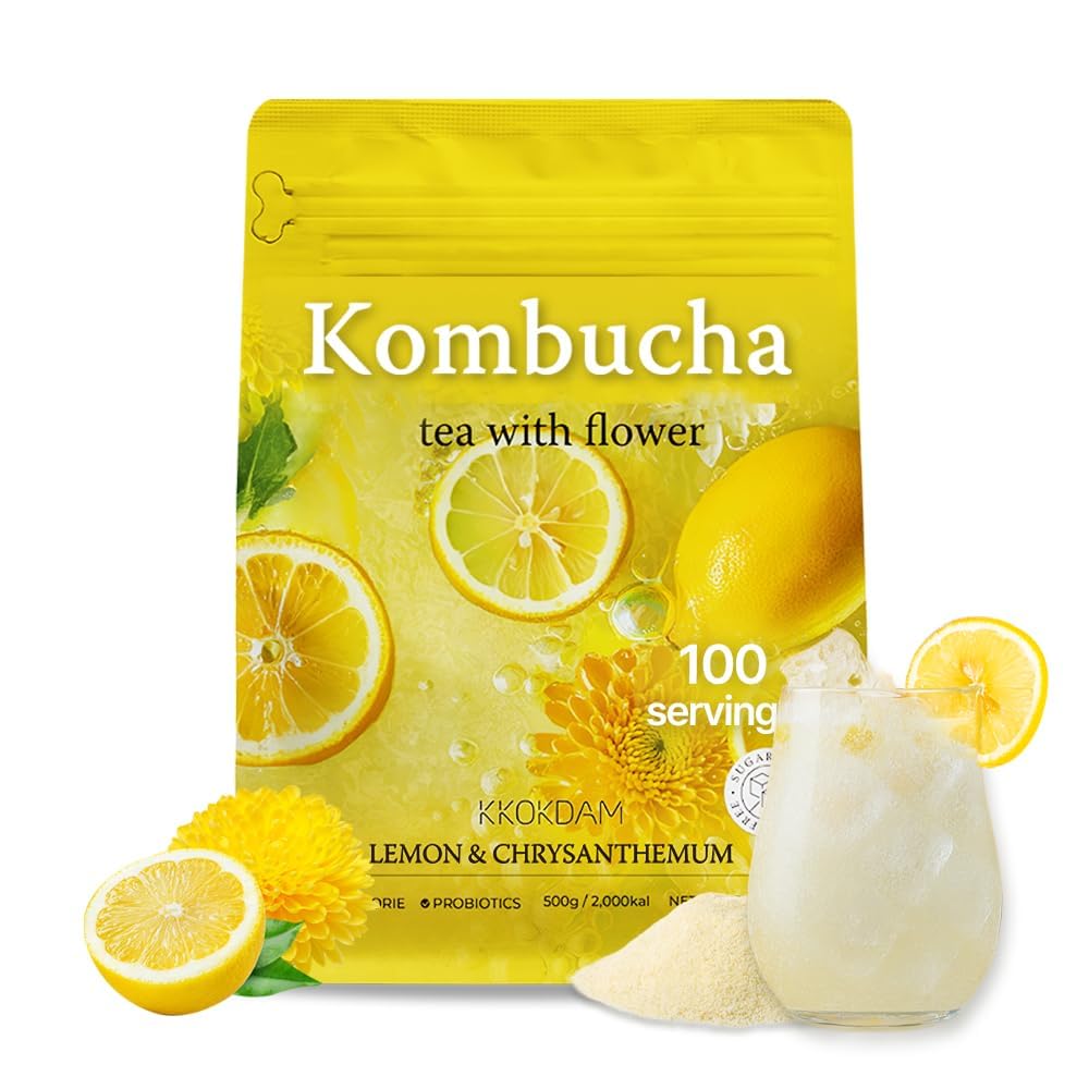 KKOKDAM Kombucha Tea - Lemon & Chrysanthemum Korean Tea - Kombucha Drinks Probiotic Support, Low Calorie, Sugar Free Kombucha Pack - 500g Bulk Pouch