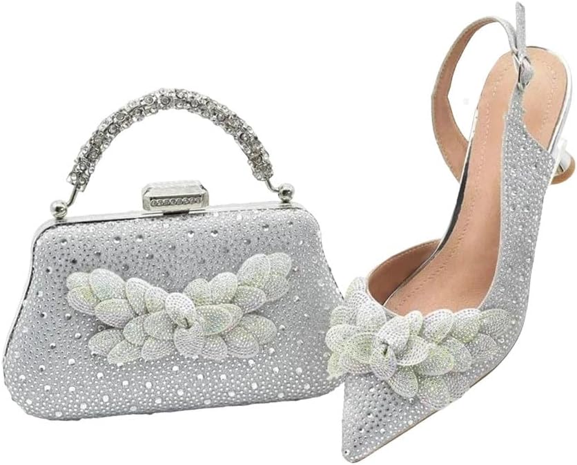 Women's Italian Wedding Heel and Bag Set Pointed Toe Rhinestone Pumps Party Shoes Matching Clutch Bride Reception Set