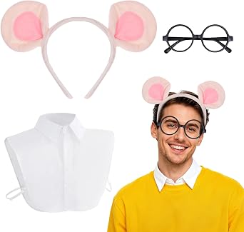 phnydreg 3Pcs Halloween Animal Chipmunk Costume Set Pink Brown Ears Headband White Fake Collar Glasses for Men Women Cosplay Supplies