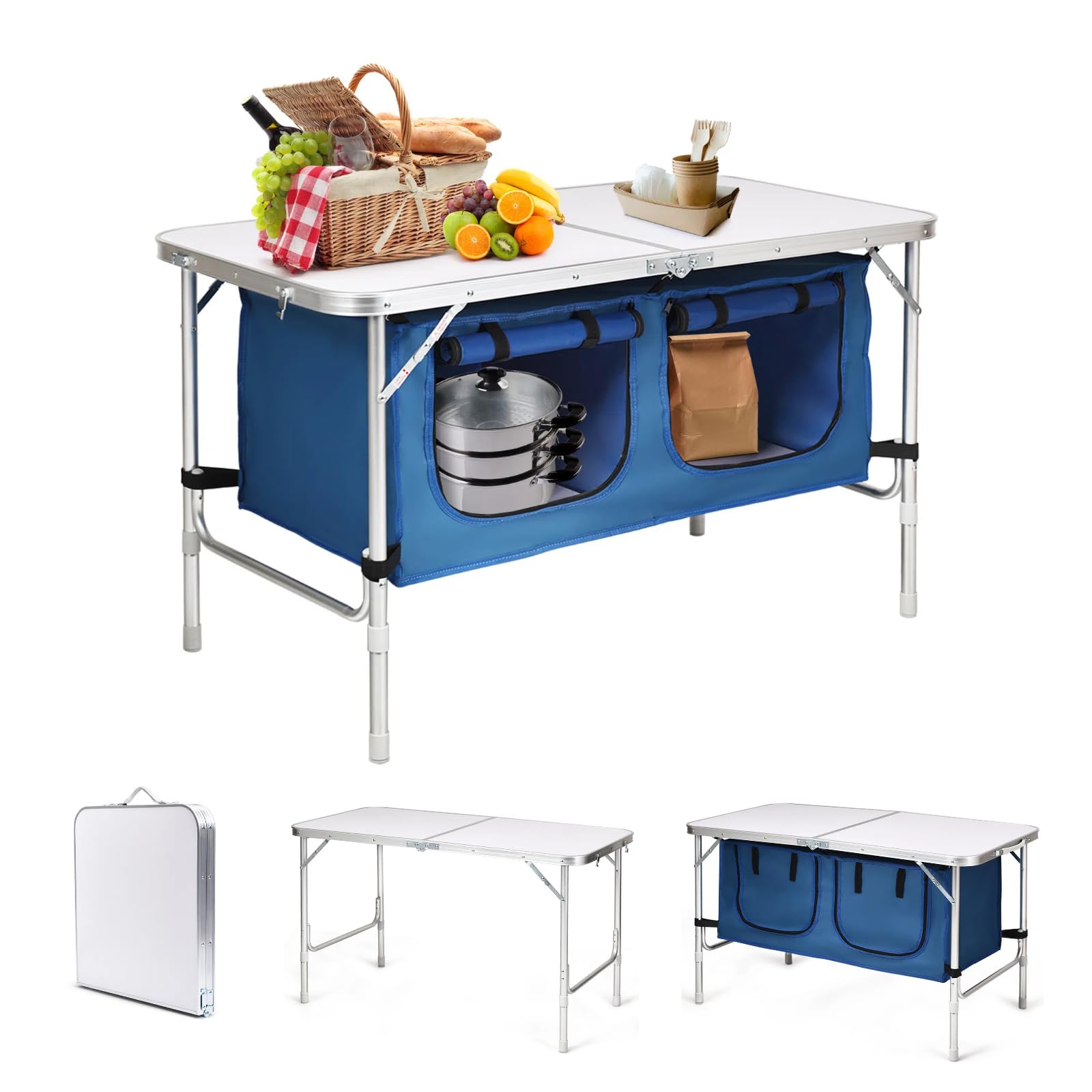 KOMFOTTEU Aluminiowy składany stół kempingowy regulowana wysokość 53,5/71 cm | Stół piknikowy z szafkami 120 l, 120 x 61 cm, na grill, imprezę, na zewnątrz