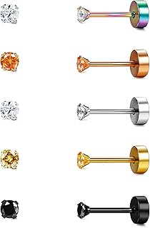 5 Pairs 20G Cartilage Earring Stud for Women Men Surgical Steel Flat Back Earrings Set, Round Cubic Zirconia Tragus Stud Earrings Screw Back Ear Piercing Set 2MM-6MM