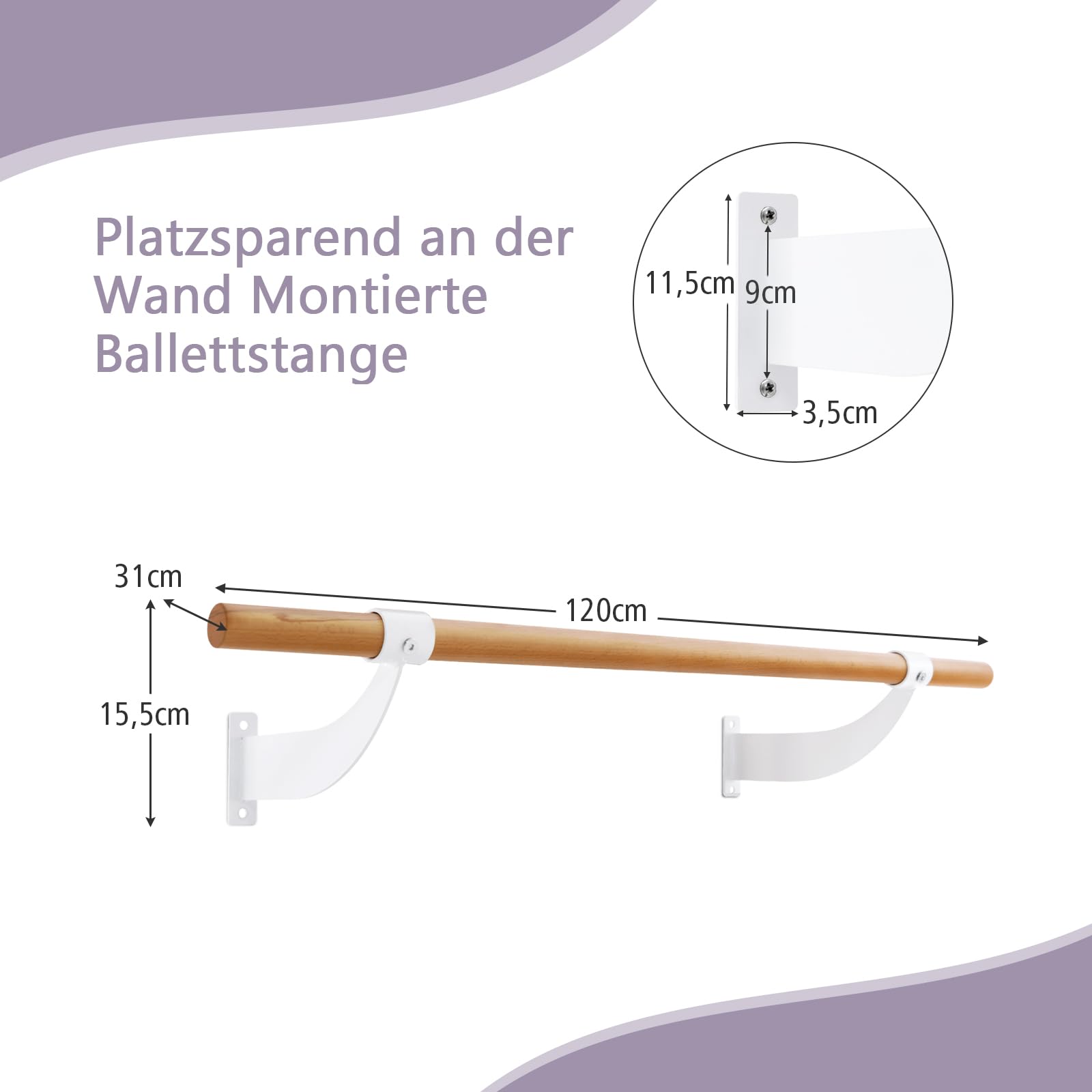 GYMAX Ballettstange 120cm, wandhalter Übungsstange aus Holz, Tanzstange für Tanz & Stretching, Ballettstangenhalter für Kinder & Erwachsene