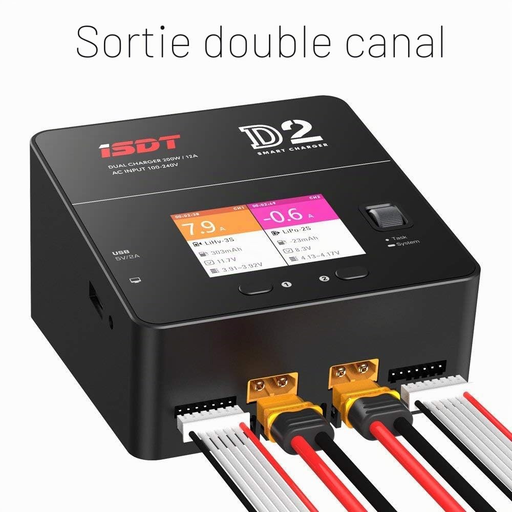 ISDT D2MK2 Chargeur intelligent Lipo pour batterie intelligente 1-6S Li-ion Life NiCd NiMH LiHV PB Batterie intelligente AC 2 x 200 W Double mode de sortie