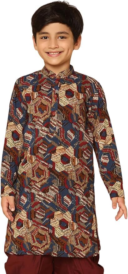 Kisah Kid's Cotton Full Sleeves Regular Fit Knee Length Abstract Maroon Kurta (3-4Y)