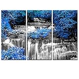 Visual Art Decor 3 Pieces Black and White Waterfall in Blue Forest Scenery Canvas Prints Home Living...