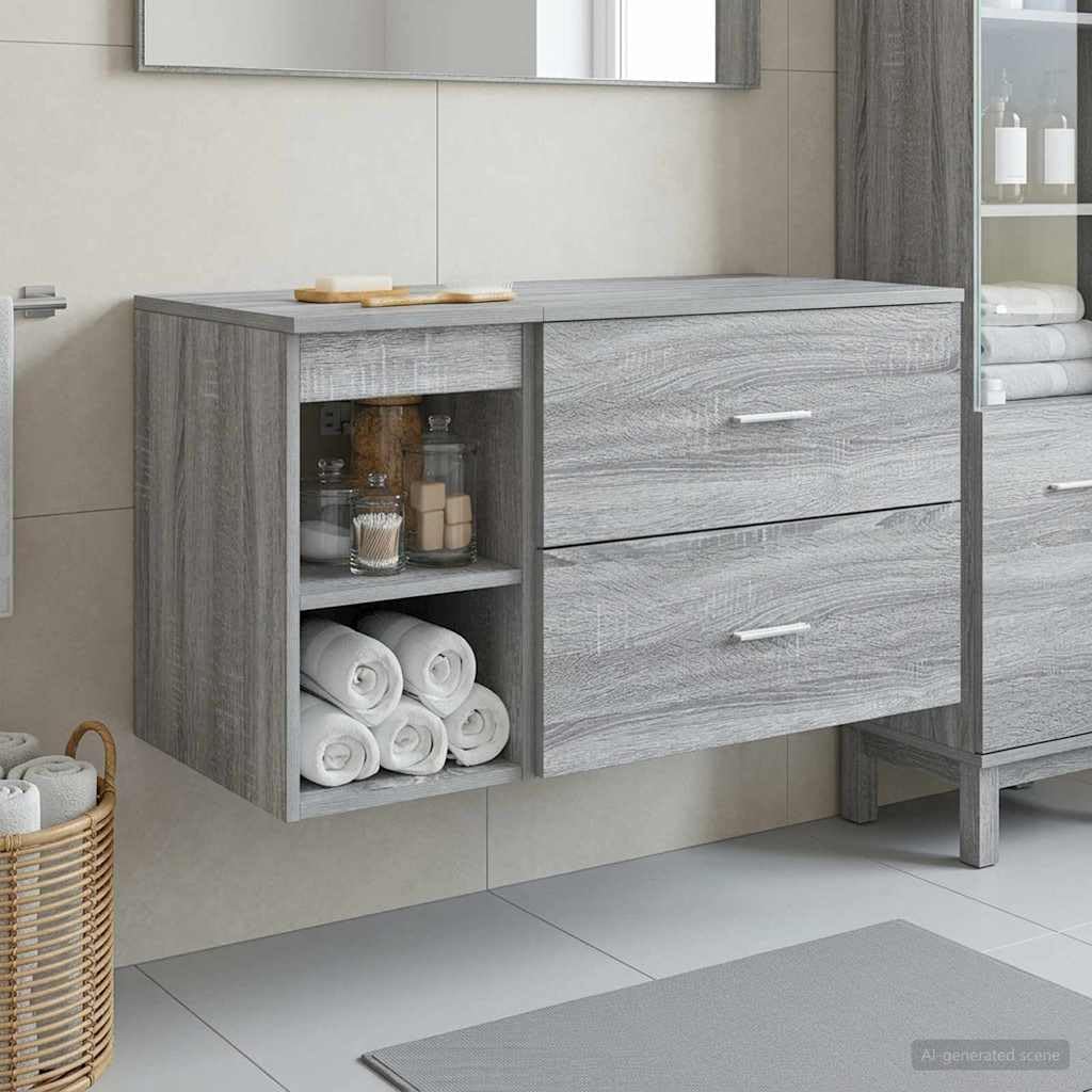 Waschtisch Badezimmer Set 2 teilig Grau Sonoma Holzwerkstoff, Bad Waschbecken Unterschrank mit Schublade, Hängend Wand Halterung für Gäste WC, Stauraum und Organizer