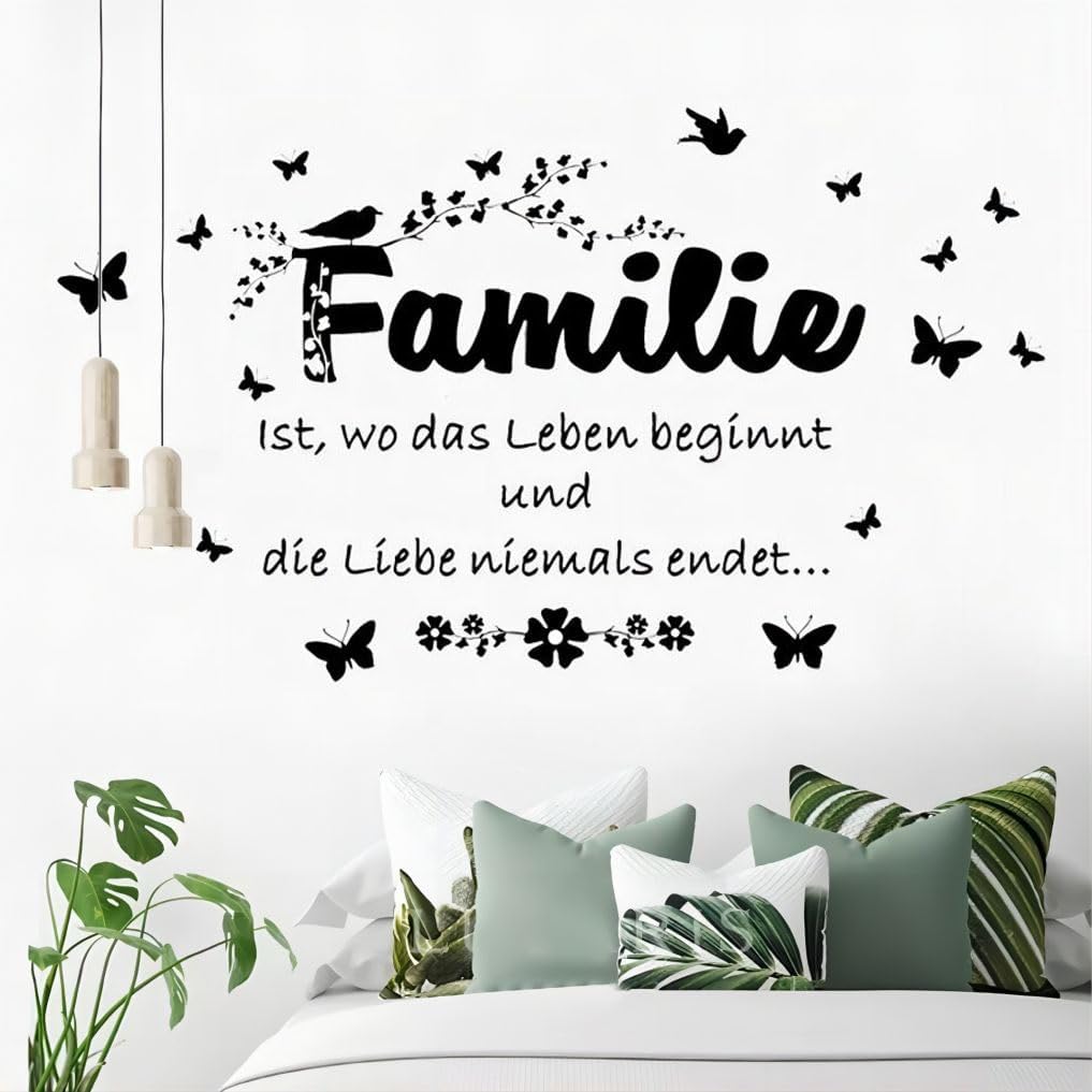 WandSticker4UWall Sticker Saying Family Ist (100 x 62 cm) + I Wall Sticker Living Room Sayings Family Life Love Butterflies Flowers Tendril I Wall Sticker Bedroom Kitchen Hallway Large