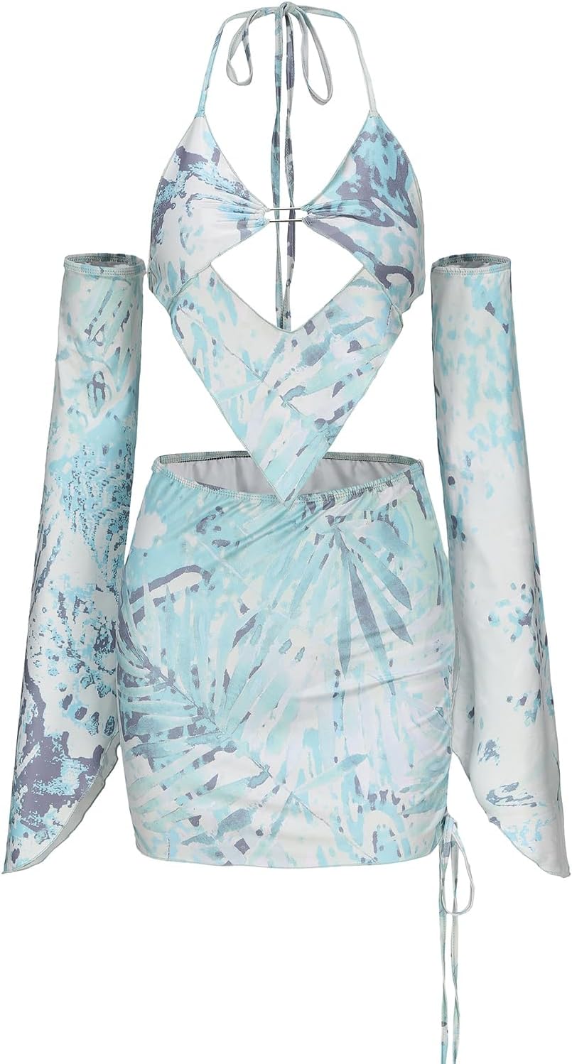 CAPE CLIQUE Rave Outfits for Womens Festival Sexy Y2K 2 Piece Outfits Summer Long Sleeves Birthday Party Clubwear
