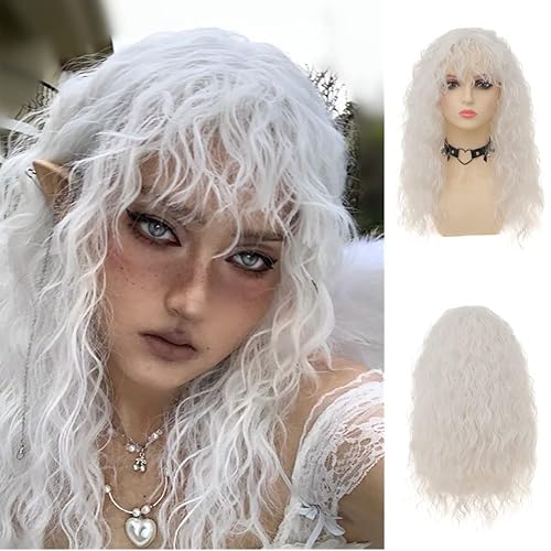 Dai Cloud Pelucas blancas con flequillo para mujer, larga, suave, rizada, ondulada, para disfraz, peluca de cosplay Dai Cloud Pelucas blancas con flequillo para mujer, larga, suave, rizada, ondulada, para disfraz, peluca de cosplay