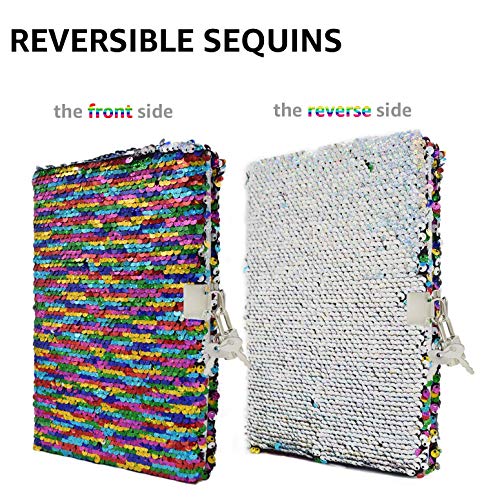 Vipbuy Magic Reversible Sequin Notebook Diary Lined Travel Journal With Lock And Key For Kids Girls, Size A5 (8.5" X 5.5"), 78 Sheets, Rainbow To Silver #TOP1