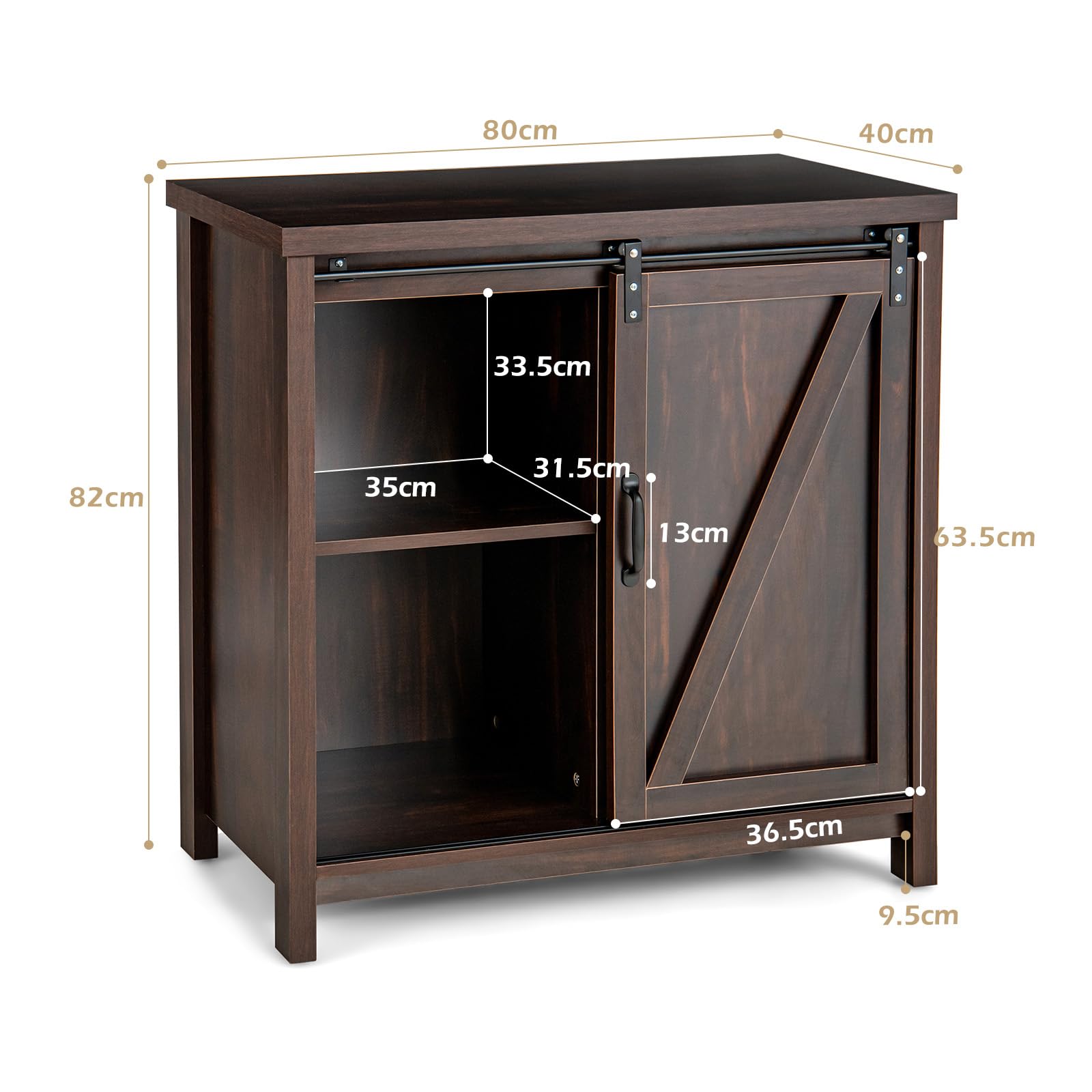KOMFOTTEU Armario Buffet con 4 Compartimentos, Aparador de Cocina con Puerta Corredera de Granero, Mueble de Almacenamiento para Comedor, Salón, Pasillo, 80 x 40 x 82 cm, Marrón