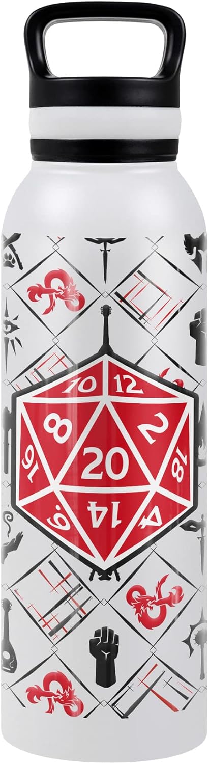 Dungeons & Dragons OFFICIAL D20 Pattern 24 oz Insulated Canteen Water Bottle, Leak Resistant, Vacuum Insulated Stainless Steel with Loop Cap