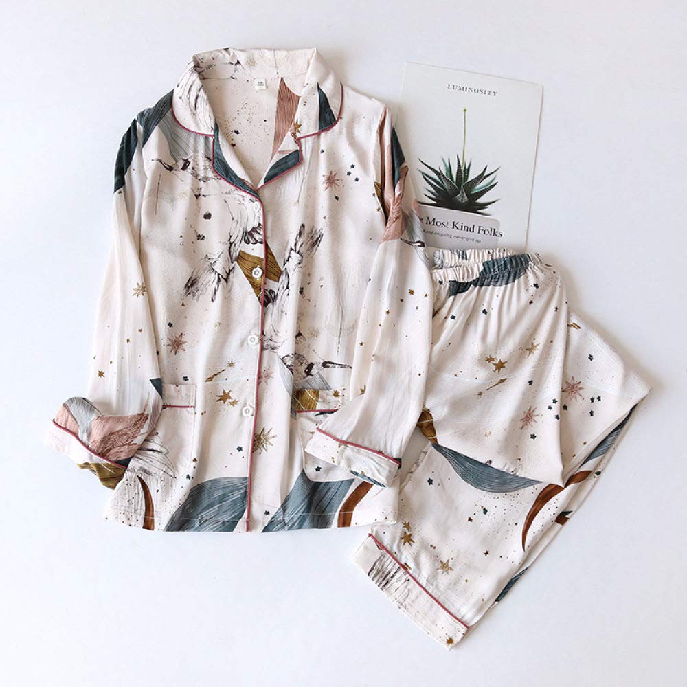Conjunto De Pijamas De Mujer,Pijama Suave De Algodón Viscosa 100% Con Bolsillos Estampado Fino Manga Larga Con Botones Conjuntos De Pijamas Ropa De Dormir De Verano Ropa De Dormir Ropa De Dormir,Bei