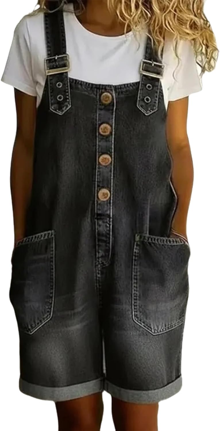 Loose Fit Overall Shorts for Women Baggy Vintage Sleeveless Rolled Hem Jean Jumpsuit Shorts with Pockets