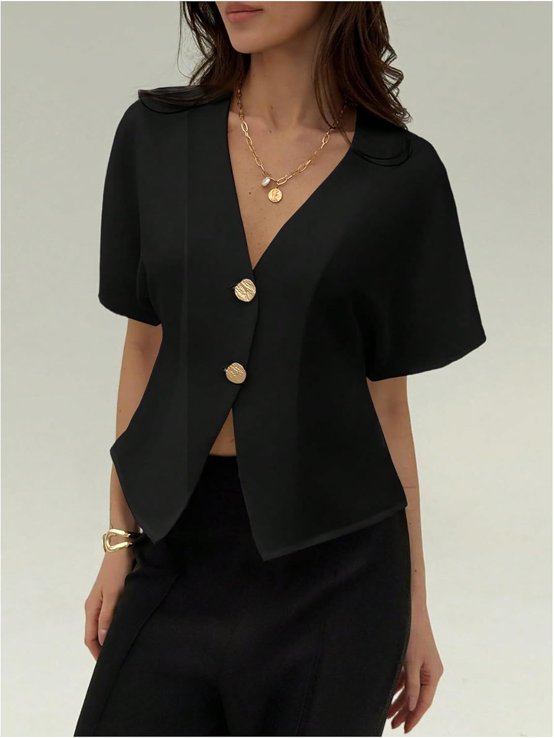 GORGLITTER Women's Dolman Short Sleeve Button Up Shirt Blouses Dressy Casual V Neck Office Business Casual Work Tops - Image 3