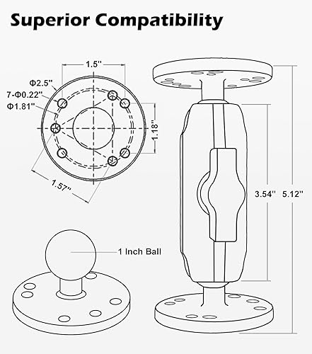 Miniatura 7 de Soporte de bola doble de aluminio de 1 pulgada con dos placas redondas AMPS, montaje de bola de tamaño B, brazo de doble enchufe con adaptadores de