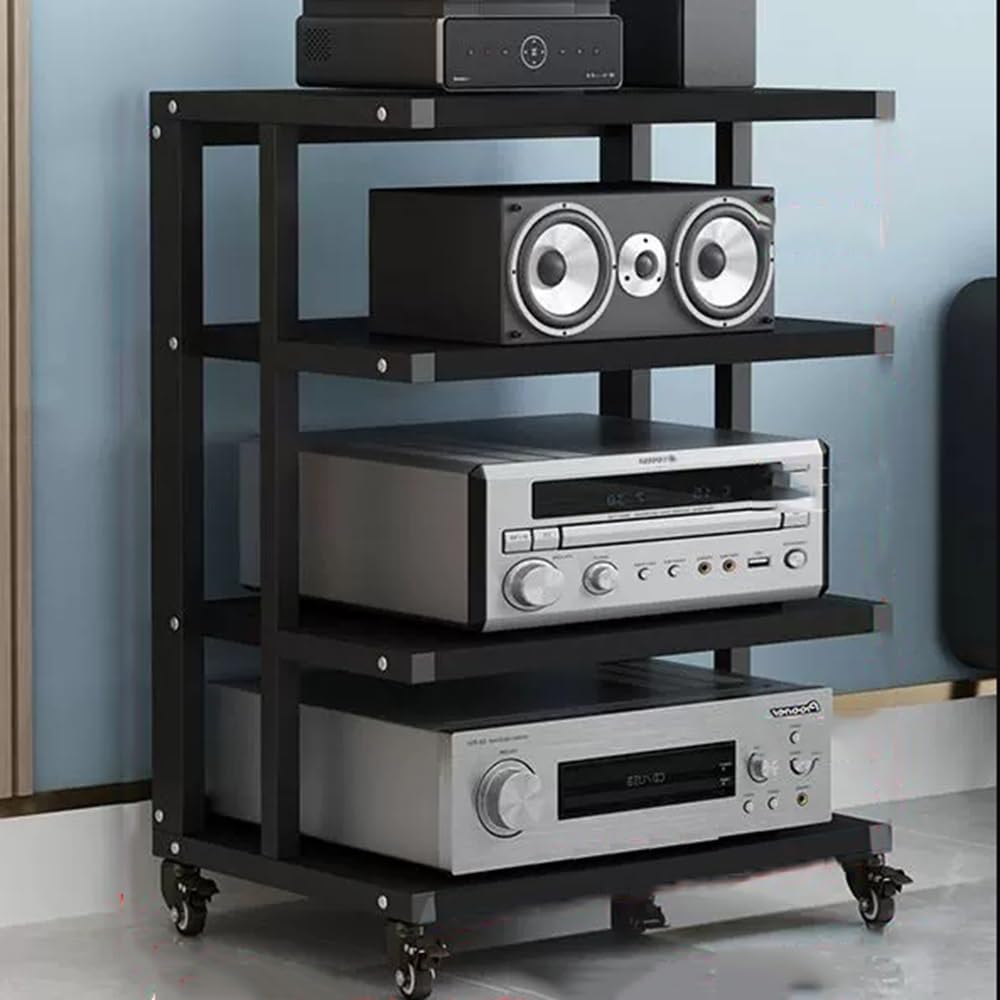 4-poziomowy stojak audio z kółkami hamulcowymi, szafka multimedialna AV, wieża stereo, do kina domowego, otwarta konstrukcja, przechowywanie komponentów audio-wideo (czarny)
